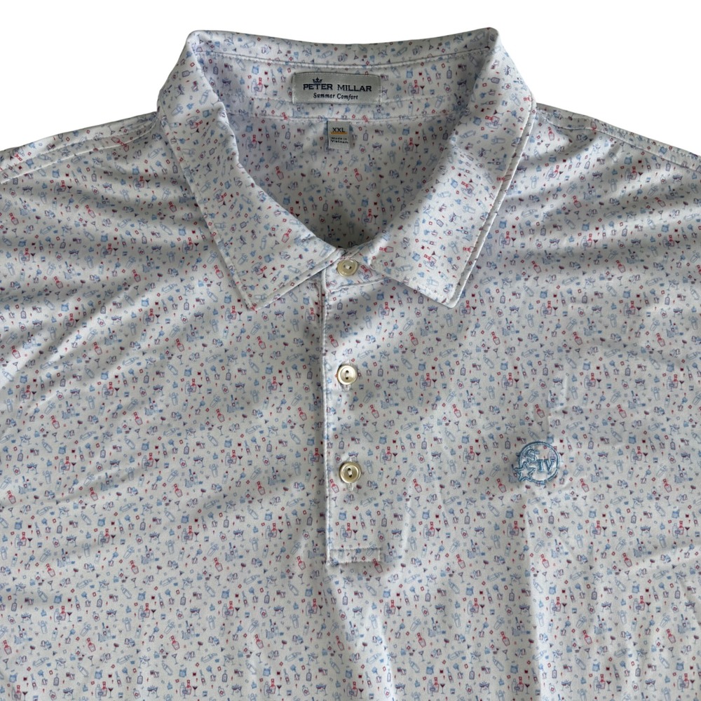 Peter Millar Polo Shirt Mens 2XL Summer Comfort Novelty Cocktail Print White AOP